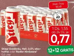 Eurospar Stiegl Goldbräu, Hell, 0,0% alko- holfrei oder Radler Himbeere Angebot