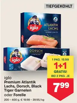 MPreis iglo Premium Atlantik Lachs, Dorsch, Black Tiger Garnelen oder Forelle Angebot