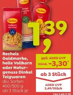 ADEG Recheis Goldmarke, helle Vollkorn oder Natur- genuss Dinkel Teigwaren Angebot