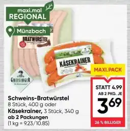 Maximarkt Schweins-Bratwürstel oder Käsekrainer Angebot