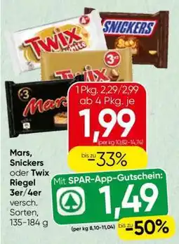 Spar Mars, Snickers oder Twix Riegel 3er/4er Angebot