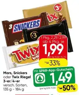Eurospar Mars, Snickers oder Twix Riegel 3-er/4-er Angebot