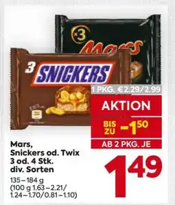 Billa Mars, Snickers od. Twix 3 od. 4 Stk. div. Sorten Angebot