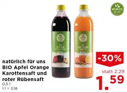 Unimarkt natürlich für uns BIO Apfel Orange Karottensaft und roter Rübensaft Angebot