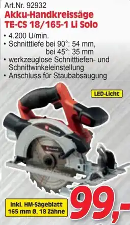 Zgonc Akku-Handkreissäge TE-CS 18/165-1 Li Solo Angebot
