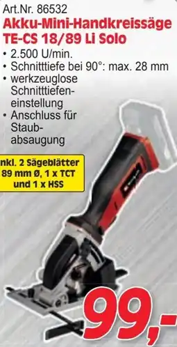 Zgonc Akku-Mini-Handkreissäge TE-CS 18/89 Li Solo Angebot