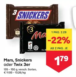 MPreis Mars, Snickers oder Twix 3er Angebot