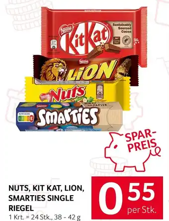 Nuts, kit kat, lion, smarties single riegel