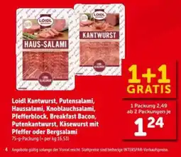 Interspar Haussalami, Knoblauchsalami, Pfefferblock, Breakfast Bacon, Putenkantwurst, Käsewurst mit Pfeffer oder Bergsalami Angebot