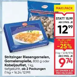 Maximarkt Stritzinger Riesengarnelen, Garnelenspieße, 800 g oder Kabeljaufilet, 1 kg Angebot
