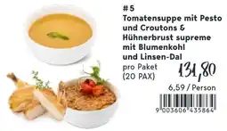 Eurogast Grissemann Tomatensuppe mit Pesto und Croutons & Hühnerbrust supreme mit Blumenkohl und Linsen-Dal Angebot