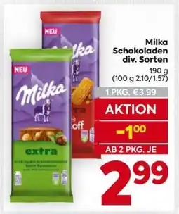 Billa Milka Schokoladen div. Sorten Angebot