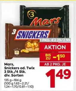 Billa Mars, Snickers od. Twix 3 Stk./4 Stk. div. Sorten Angebot