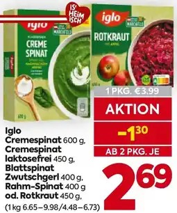 Billa Iglo Cremespinat, Cremespinat laktosefrei , Blattspinat Zwutschgerl , Rahm-Spinat od. Rotkraut Angebot