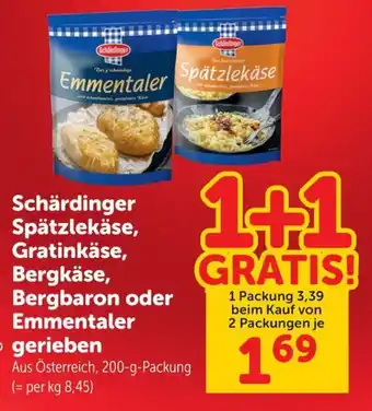 Schärdinger Spätzlekäse, Gratinkäse, Bergkäse, Bergbaron oder Emmentaler gerieben