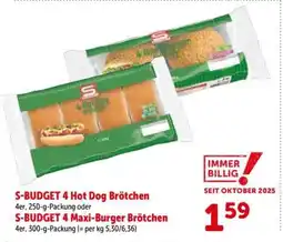 Interspar S-BUDGET 4 Hot Dog Brötchen oder S-BUDGET 4 Maxi-Burger Brötchen Angebot