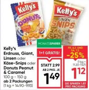 Kelly's erdnuss, giant linsen oder käse-snips oder donuts peanut & caramel
