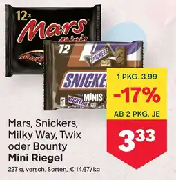 MPreis Mars, snickers, milky way, twix oder bounty mini riegel Angebot