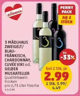 PENNY 3 MÄDLHAUS ZWEIGELT/BLAUFRÄNKISCH, CHARDONNAY, CUVÉE VIKI od. GELBER MUSKATELLER Angebot