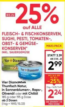Maximarkt Vier Diamanten Thunfisch Natur, in Sonnenblumen-, Raps-, Olivenöl oder mit Chiliöl Angebot