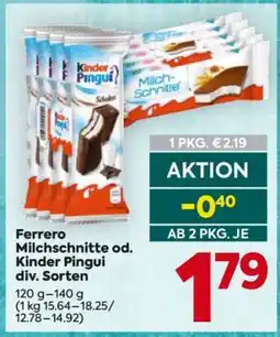 Billa Ferrero Milchschnitte od. Kinder Pingui div. Sorten Angebot