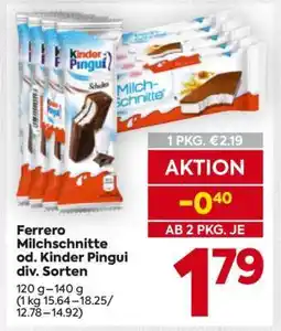 Billa Ferrero Milchschnitte od. Kinder Pingui div. Sorten Angebot
