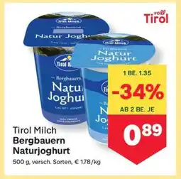MPreis Tirol Milch Bergbauern Naturjoghurt Angebot