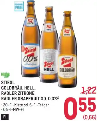 Stiegl goldbräu, hell, radler zitrone, radler grapfruit od. 0,0%"