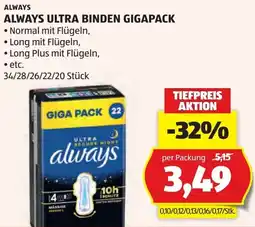 Hofer Always ultra binden gigapack Angebot