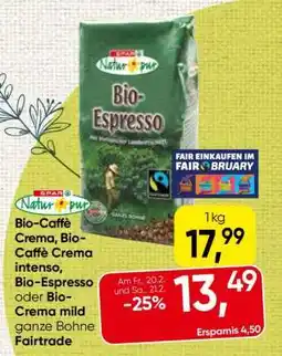Spar Bio-Caffè Crema, Bio-Caffè Crema intenso, Bio-Espresso oder Bio-Crema mild ganze Bohne Fairtrade Angebot