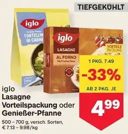 MPreis Iglo Lasagne Vorteilspackung oder Genießer-Pfanne Angebot