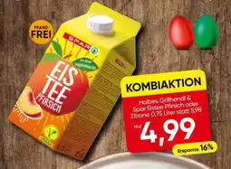 Spar Halbes Grillhendel & Spar Eistee Pfirsich oder Zitrone 0,75 Liter Angebot