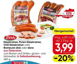 Eurospar Käsekrainer puten käsekrainer chili käsekrainer oder bratwurst dick oder dünn Angebot