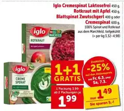 Interspar Iglo Cremespinat laktosefrei, Rotkraut mit Apfel, Blattspinat Zwutschgerl oder Cremespinat Angebot