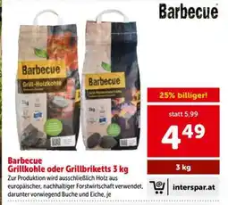 Interspar Barbecue Grillkohle oder Grillbriketts 3 kg Angebot