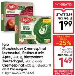 Maximarkt Iglo Marchfelder Cremespinat laktosefrei, Rotkraut mit Apfel, Cremespinat Angebot