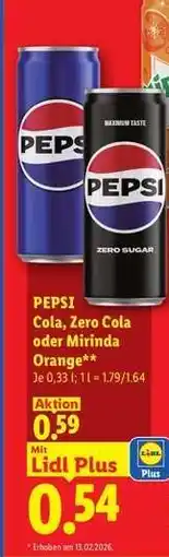 Lidl Pepsi Cola Zero Cola oder Mirinda Orange Angebot