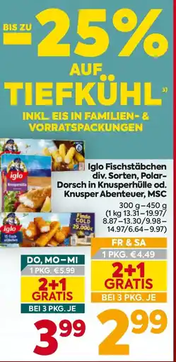 Billa Iglo Fischstäbchen div. Sorten, Polar- Dorsch in Knusperhülle od. Knusper Abenteuer, MSC Angebot