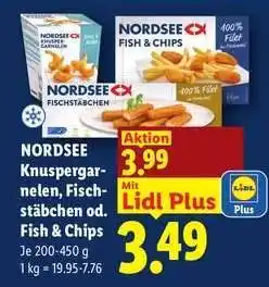 Lidl NORDSEE Knuspergarnelen, Fischstäbchen od. Fish & Chips Angebot