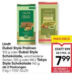 Maximarkt Lindt dubai style pralinen oder dubai style schokolade, tokyo style schokolade Angebot