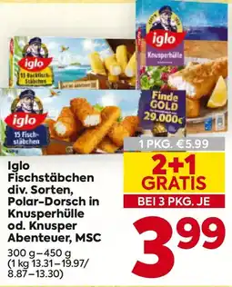 Billa Iglo fischstäbchen, polar-dorsch in knusperhülle od. knusper abenteuer, msc Angebot
