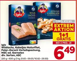 Billa Iglo wildlachs, kabeljau naturfilet, polar-dorsch vorteilspackung, msc od. garnelen Angebot