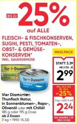 Maximarkt Vier diamanten thunfisch natur, in sonnenblumen, raps, olivenöl oder mit chiliöl Angebot