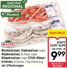 Maximarkt Bratwürstel, debreziner oder käsbreziner, 8 paar oder käsekrainer oder chili-käse- krainer Angebot
