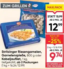 Maximarkt Stritzinger riesengarnelen, garnelenspieße, kabeljaufilet Angebot