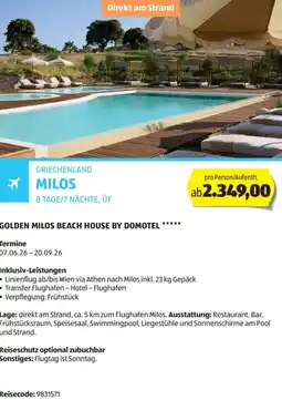 Hofer Reisen Golden milos beach house by domotel Angebot