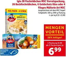 Interspar Iglo 28 Fischstäbchen MSC Vorratspackung, 26 Backfischstäbchen, 6 Goldschatz Käse oder 4 Filegro Müllerin Art MSC Angebot