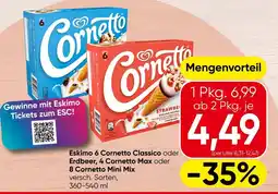 Spar Eskimo 6 Cornetto Classico oder Erdbeer, 4 Cornetto Max oder 8 Cornetto Mini Mix Angebot