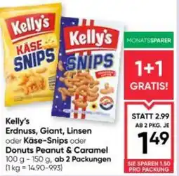Maximarkt Kelly's erdnuss, giant, linsen oder käse-snips oder donuts peanut & caramel Angebot
