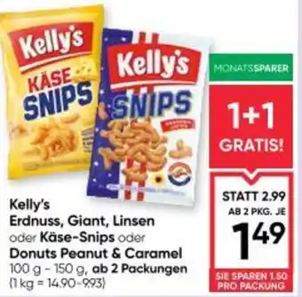 Kelly's erdnuss, giant, linsen oder käse-snips oder donuts peanut & caramel